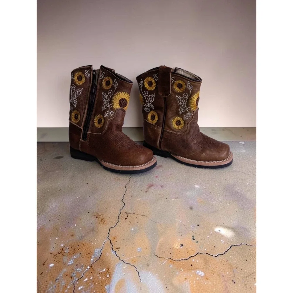 Kids Brown Sunflower Embroidered Western Cowboy Boots Square Toe Size 7 Toddler